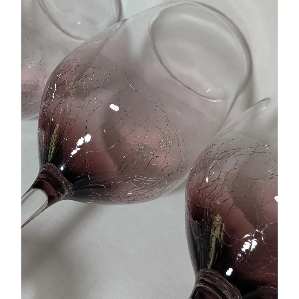 Discontinued Pier 1 Hand Blown Amethyst Crackle Glass Balloon Style Goblets (4)